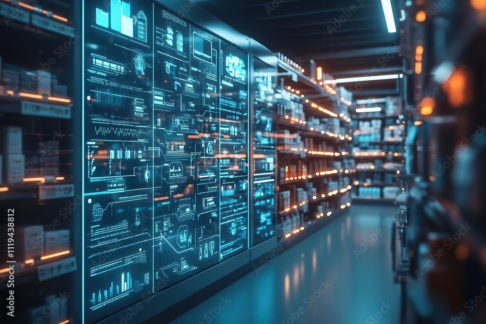 AI-driven inventory system with glowing interface panels in a medical supply center, showcasing smart technology in logistics AI-driven inventory system with glowing interface panels in a medical supply center, showcasing smart technology in logistics