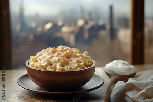 A bowl of creamy macaroni and cheese, ready to be served on an empty plate without any dishes or utensils. photo