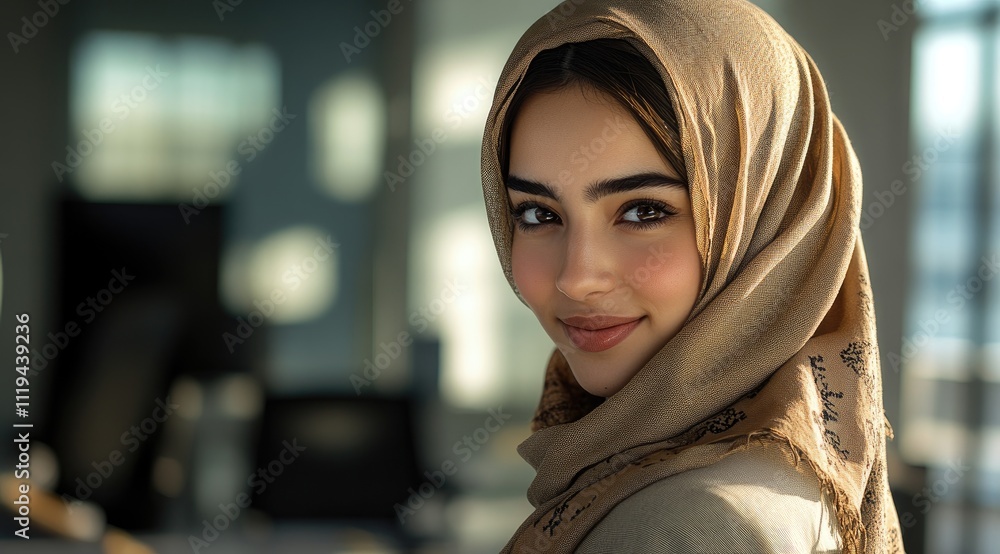 A beautiful hijabi girl wearing an elegant headscarf and stylish , smiling at the camera with brown eyes A beautiful hijabi girl wearing an elegant headscarf and stylish , smiling at the camera with brown eyes