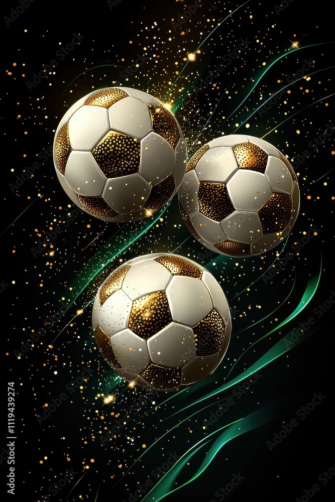 Naklejka premium Stunning illustration of sparkling golden soccer balls with swirling effects
