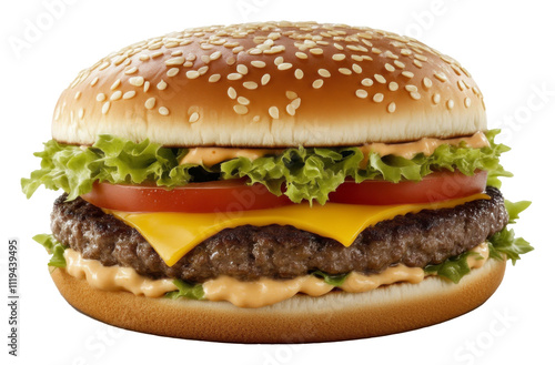Classic cheeseburger with beef patty, cheese, lettuce, tomato, and sauce on a sesame seed bun. Comfort food and fast food concept