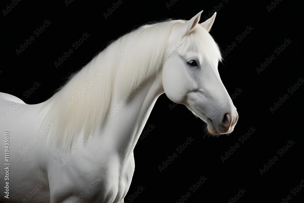 there is a white horse standing in the dark with a black background there is a white horse standing in the dark with a black background