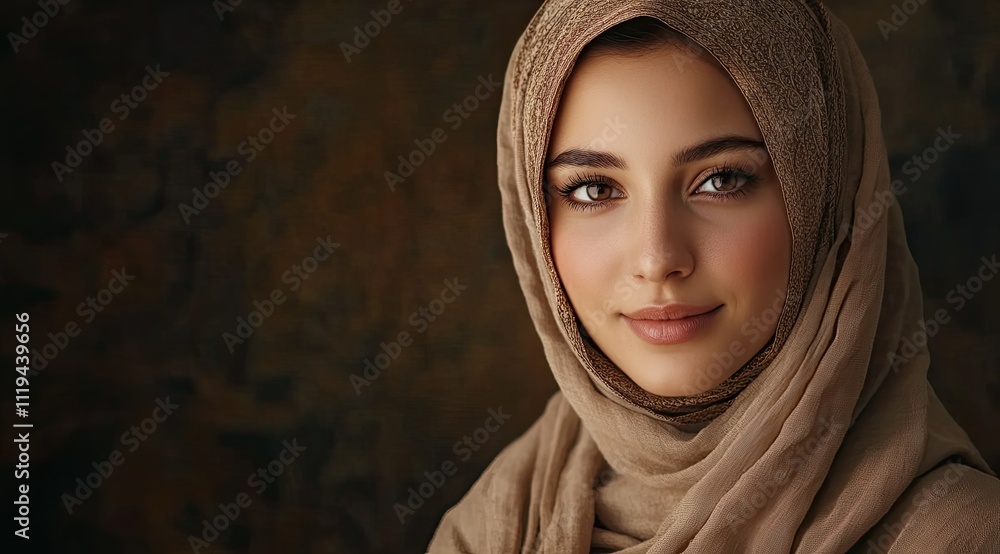 A beautiful hijabi woman wearing an elegant headscarf, looking directly at the camera with a warm smile and gentle eyes, standing in front of a dark background A beautiful hijabi woman wearing an elegant headscarf, looking directly at the camera with a warm smile and gentle eyes, standing in front of a dark background