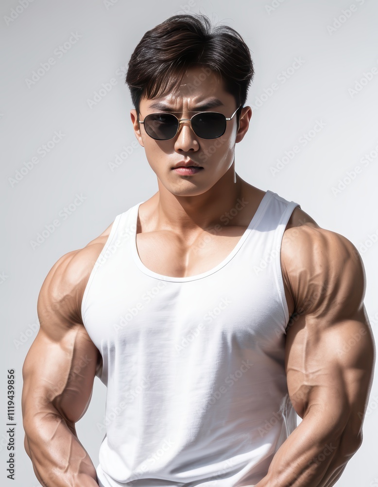 A Powerful Portrait: Muscular Asian Man in White Tank Top and Sunglasses, Studio Lighting, Fitness and Strength Concept A Powerful Portrait: Muscular Asian Man in White Tank Top and Sunglasses, Studio Lighting, Fitness and Strength Concept