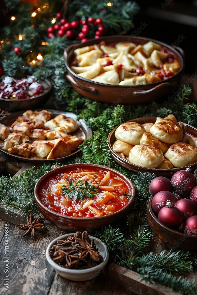 An Orthodox Christmas dinner with dishes like borscht, pierogi, and kutia. The table is beautifully set with festive An Orthodox Christmas dinner with dishes like borscht, pierogi, and kutia. The table is beautifully set with festive