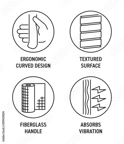 Hand tool icons set - Ergonomic, Textured surface, Fiberglass, Absorbs vibration
