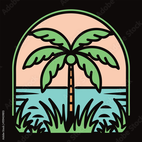 Elegant palm tree by the river vector illustration capturing a serene tropical landscape. Ideal for travel designs, nature themes, and summer-inspired creative projects.