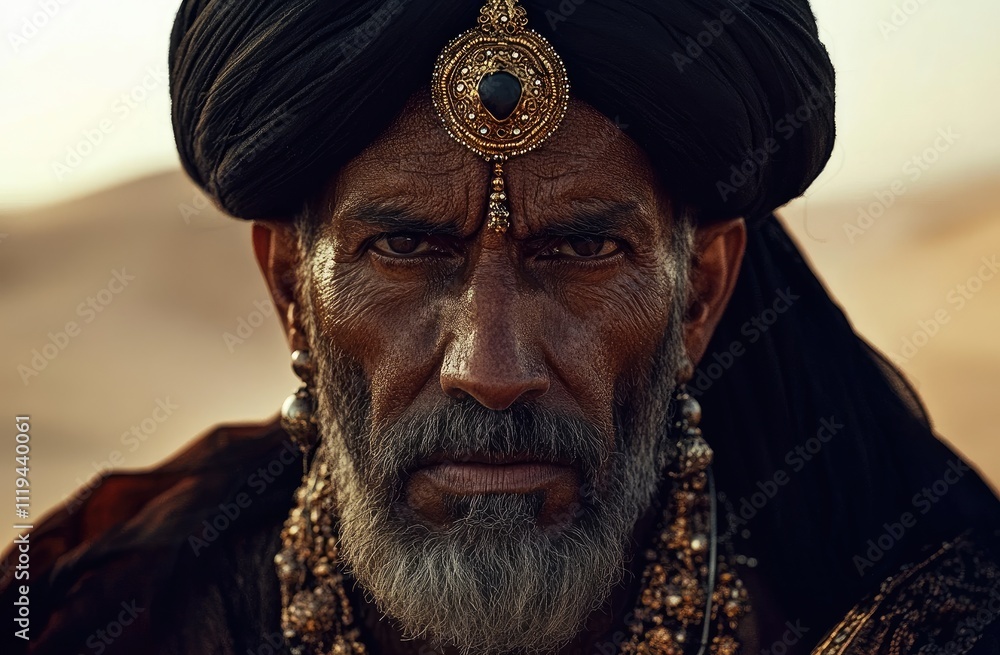 an elderly, bearded man from the desert wearing traditional and jewelry an elderly, bearded man from the desert wearing traditional and jewelry