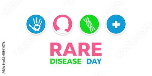 Rare Disease Day. Hand, children, dna, and plus icon. Great for cards, banners, posters, social media and more. White background.  