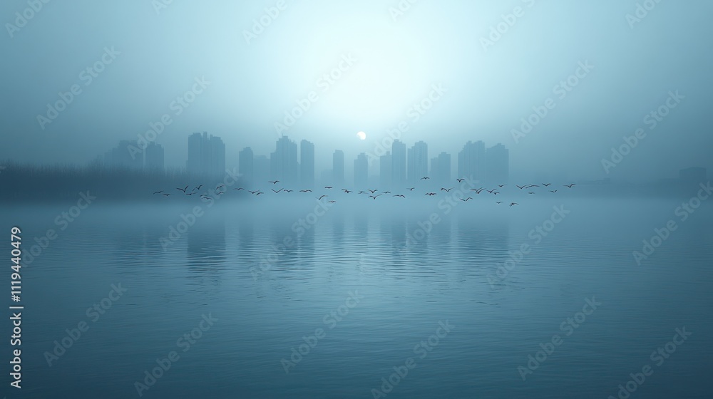 Naklejka premium Misty city skyline reflected in calm water with birds in flight at sunrise.