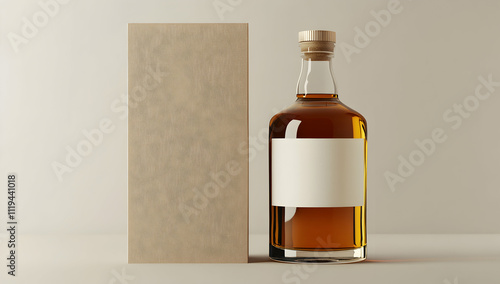 Whiskey bottle mockup with blank label and cardboard box isolated on a grey background