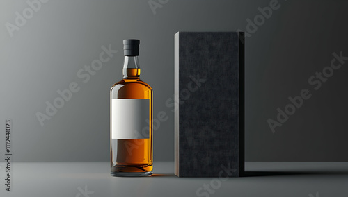 Whiskey bottle mockup with blank label and cardboard box isolated on a grey background