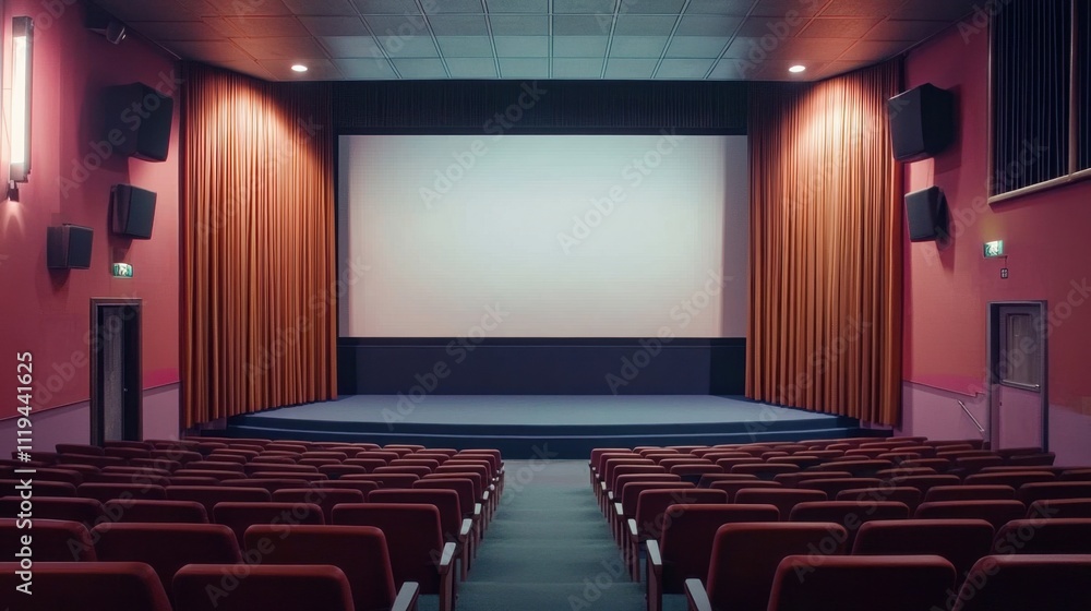 Fototapeta premium Modern cinema setup featuring a blank screen, understated curtains, and streamlined seating arrangements.