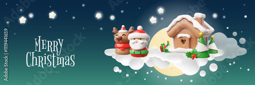 Vector 3D banner with Santa Claus figure, deer and house on the background of snow clouds and moon.