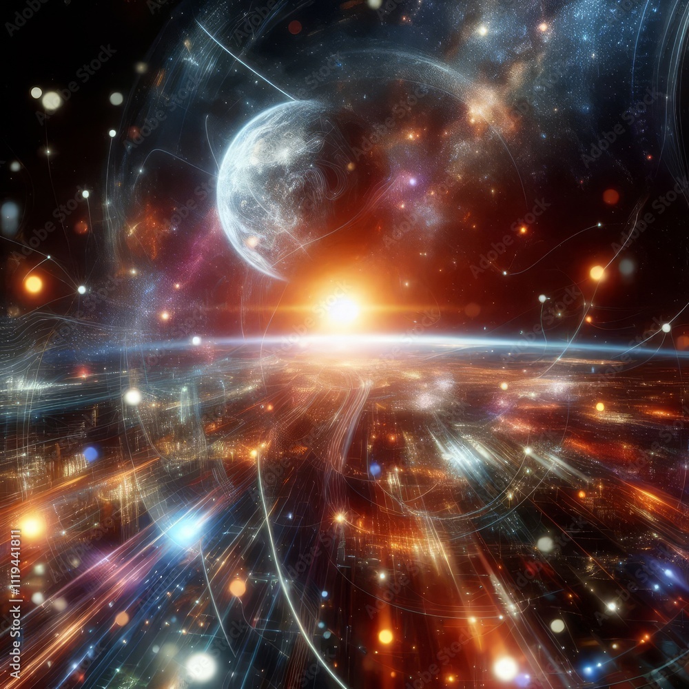 Abstract cosmic background with blurred lights, streaks, and a planet in the distance.
Abstract cosmic background with blurred lights, streaks, and a planet in the distance.