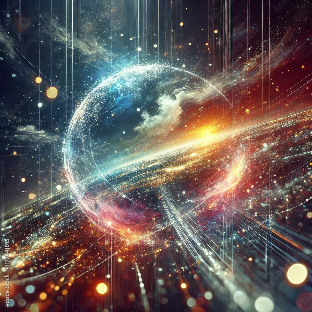 Abstract cosmic background with blurred lights, streaks, and a planet in the distance.
Abstract cosmic background with blurred lights, streaks, and a planet in the distance.