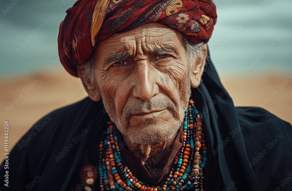 portrait of an elderly Moroccan man in the desert, wearing a beaded necklace and turban, looking directly at the camera portrait of an elderly Moroccan man in the desert, wearing a beaded necklace and turban, looking directly at the camera