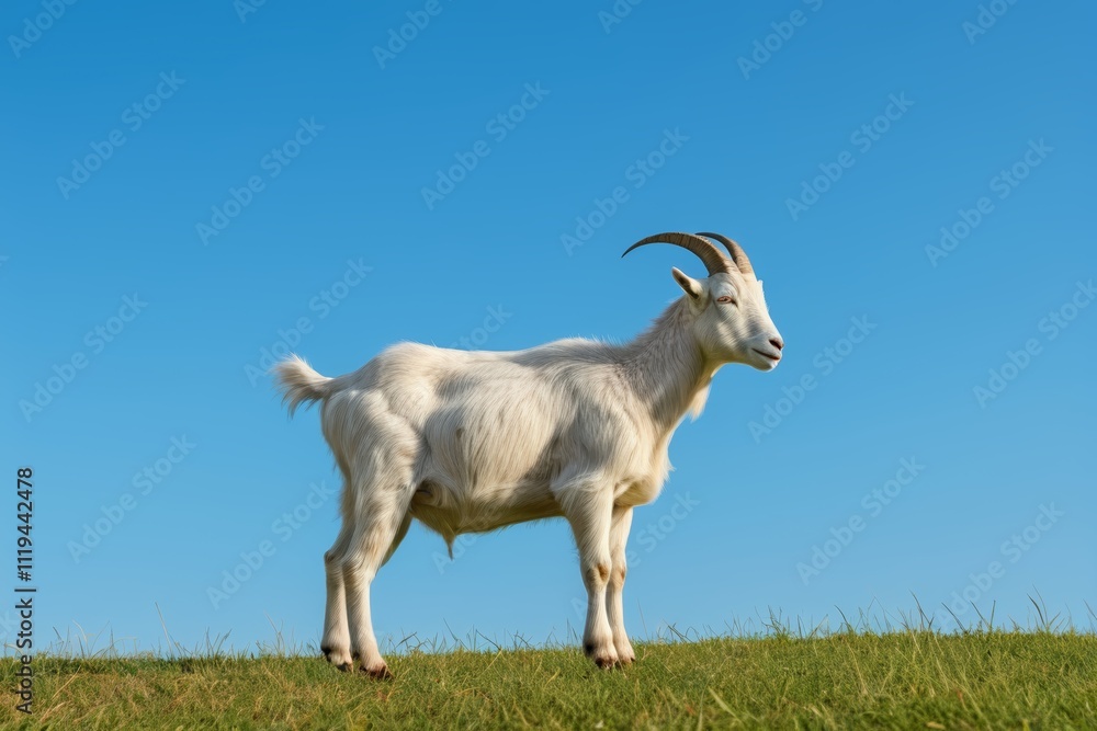 Obraz premium goat standing on a grassy hill with a blue sky in the background