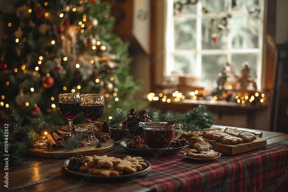 Festive Christmas table setting with wine, cookies, and warm drinks near a decorated tree. Festive Christmas table setting with wine, cookies, and warm drinks near a decorated tree.