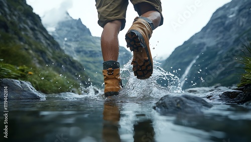 Their leather hiking boots as they wade through shallow water on an adventurous trekking trip photo