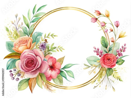 Elegant Watercolor Floral Wedding Invitation Frame Gold Circle Design