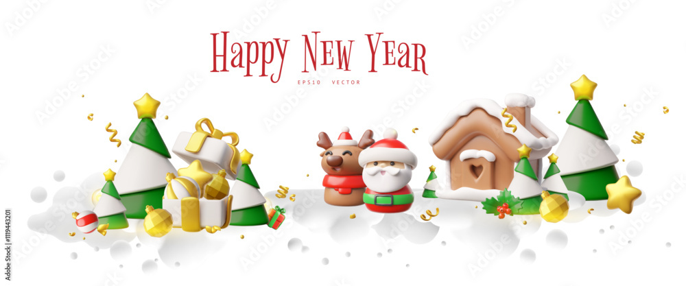 Fototapeta premium New Year 3D banner with Santa Claus, deer, fir trees in snow on white background.