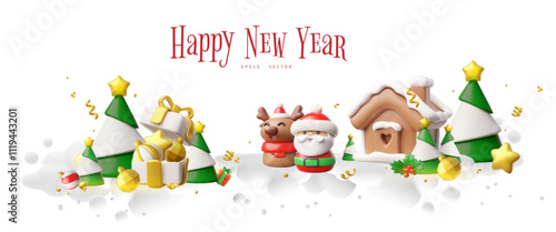 New Year 3D banner with Santa Claus, deer, fir trees in snow on white background.