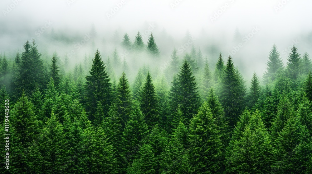 Misty evergreen forest, dense trees in fog. Misty evergreen forest, dense trees in fog.