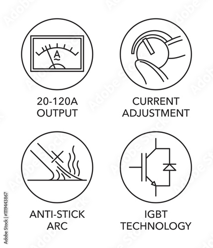 Welding Machine thin icons - output range, Current adjustment, Anti-stick, IGBT