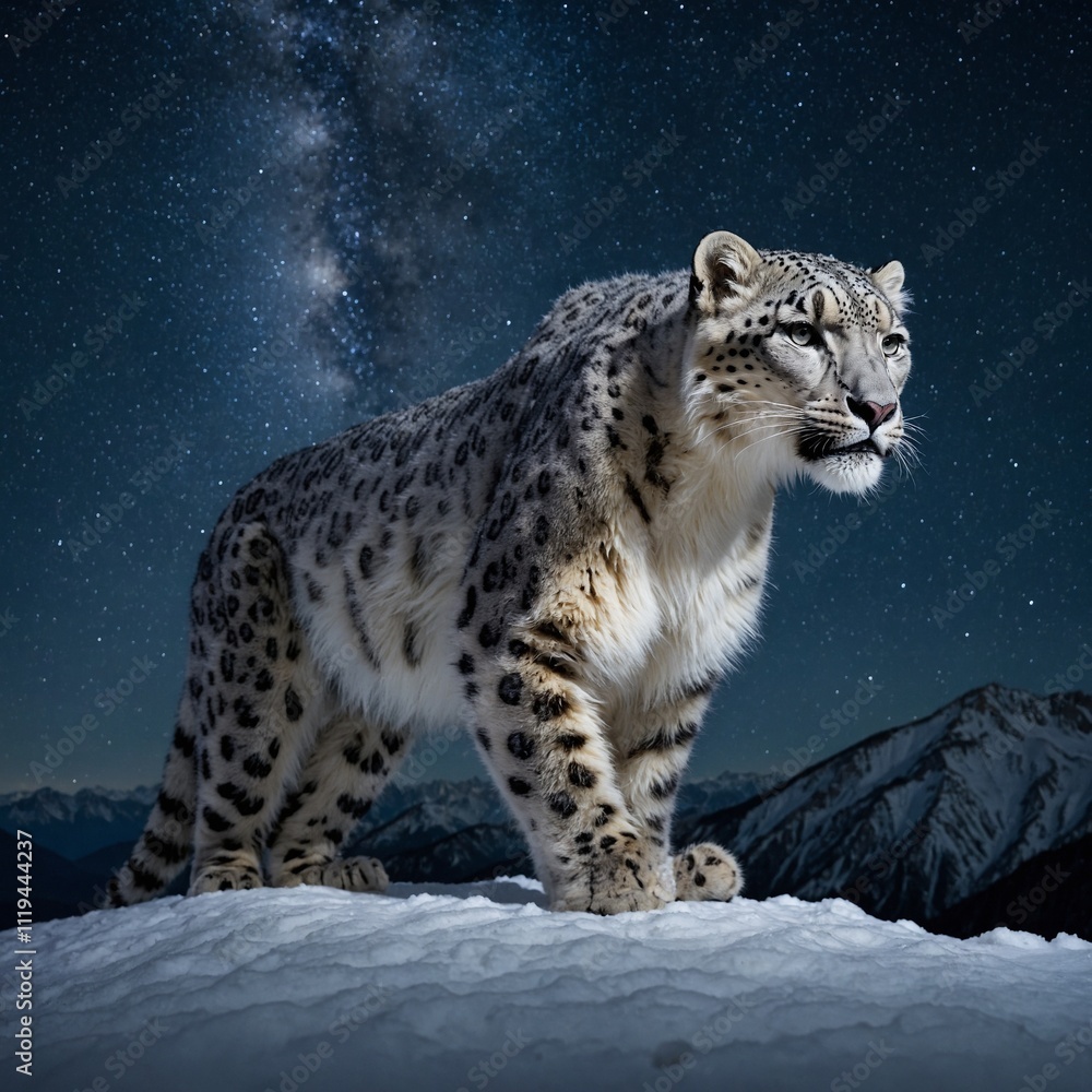 A snow leopard climbing a snowy peak under a clear, starry night. A snow leopard climbing a snowy peak under a clear, starry night.