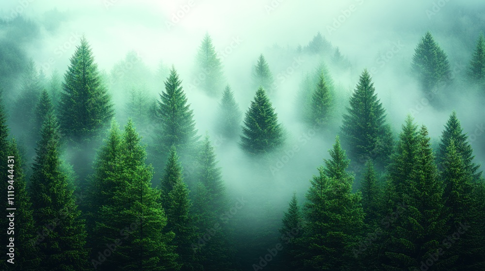 Fototapeta premium Misty evergreen forest aerial view.