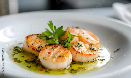 Seared Scallops in Herb Oil, Generative AI 