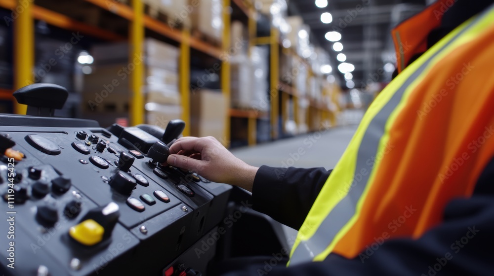 Fototapeta premium Close-up of a worker's hand operating machinery controls in a warehouse. Shelves with boxes and bright lighting in the background.