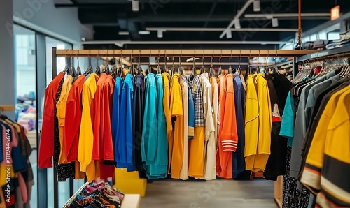 Wallpaper Mural fashionable clothing rack filled with trendy garments in a vibrant retail store, showcasing the latest styles and colors, inviting shoppers to browse and explore, Generative Ai Torontodigital.ca