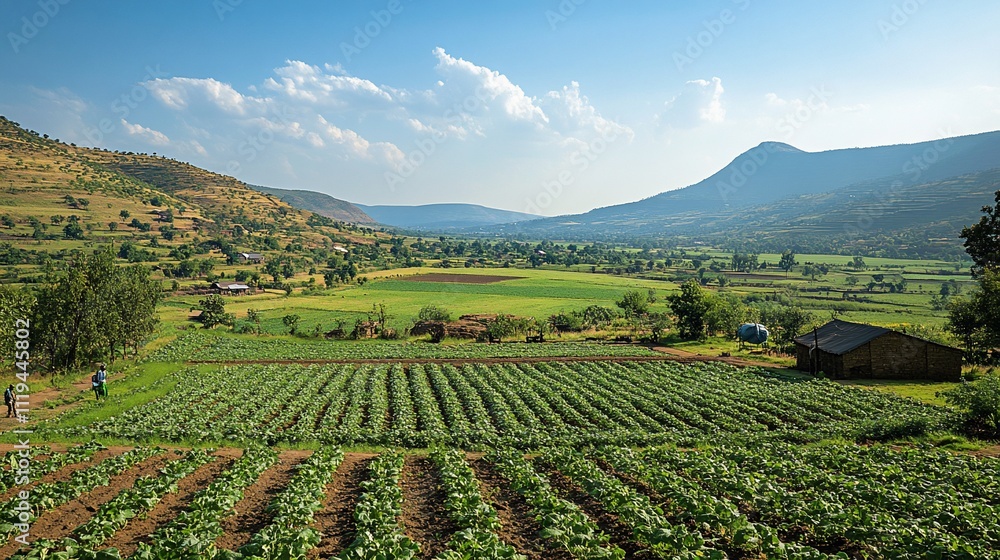 Fototapeta premium Lush green farmland valley landscape with mountains in background.