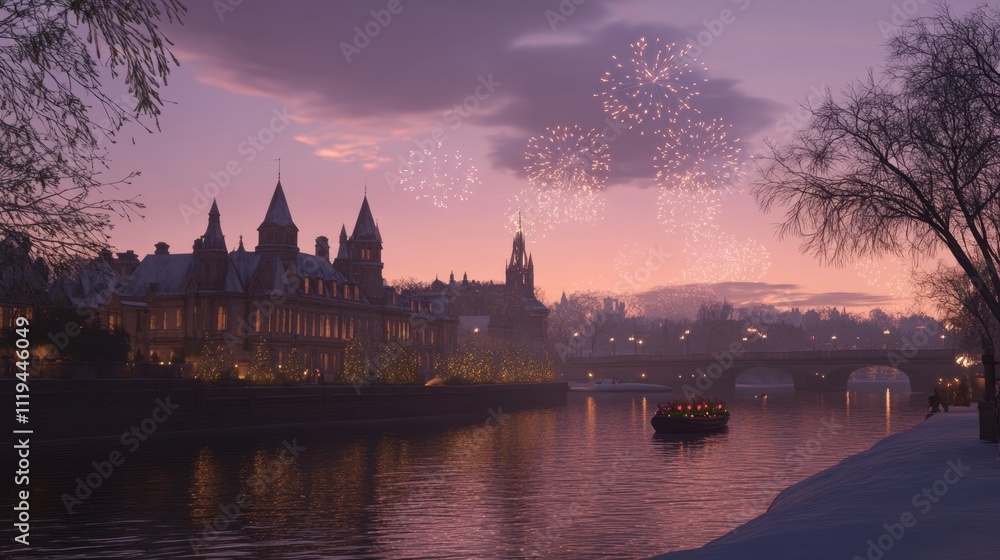 Obraz premium New Year Eve, the serene city skyline under the subtle glow of scattered fireworks, creating a mood of quiet celebration.