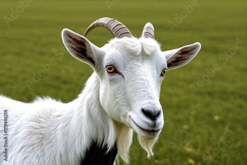 there is a goat with horns standing in a field of grass