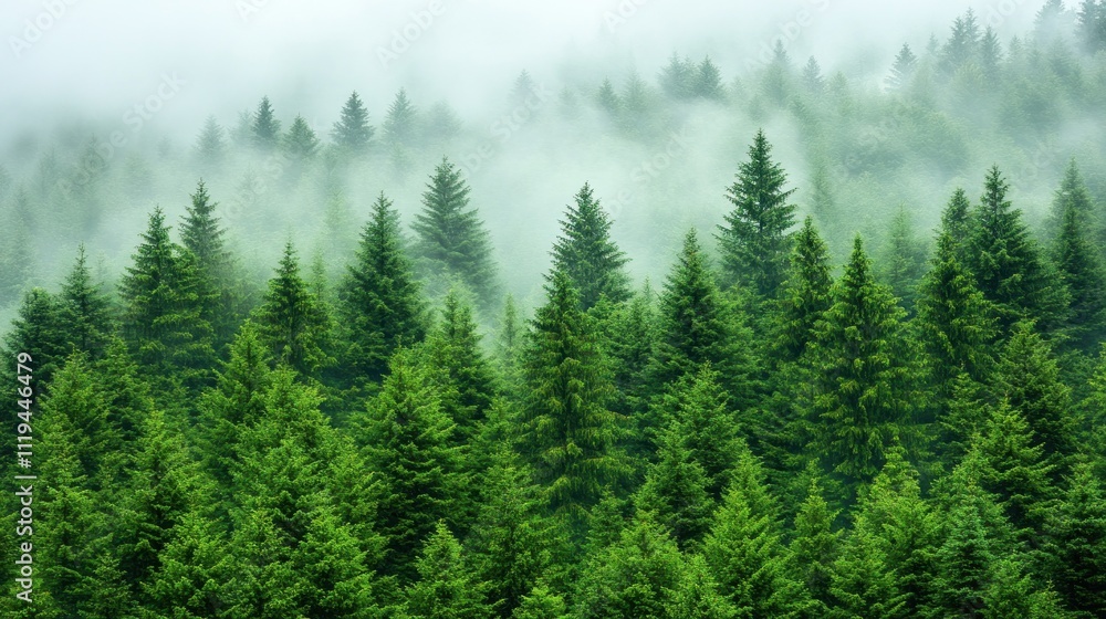 Misty evergreen forest, dense trees in fog. Misty evergreen forest, dense trees in fog.