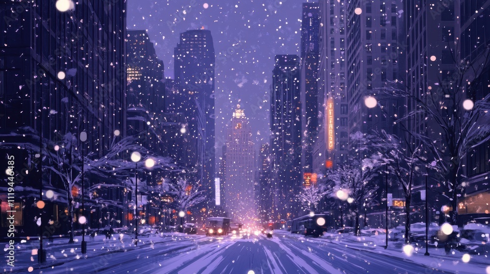 New Years night, a lonely city street framed by towering buildings with faint reflections of celebration. New Years night, a lonely city street framed by towering buildings with faint reflections of celebration.