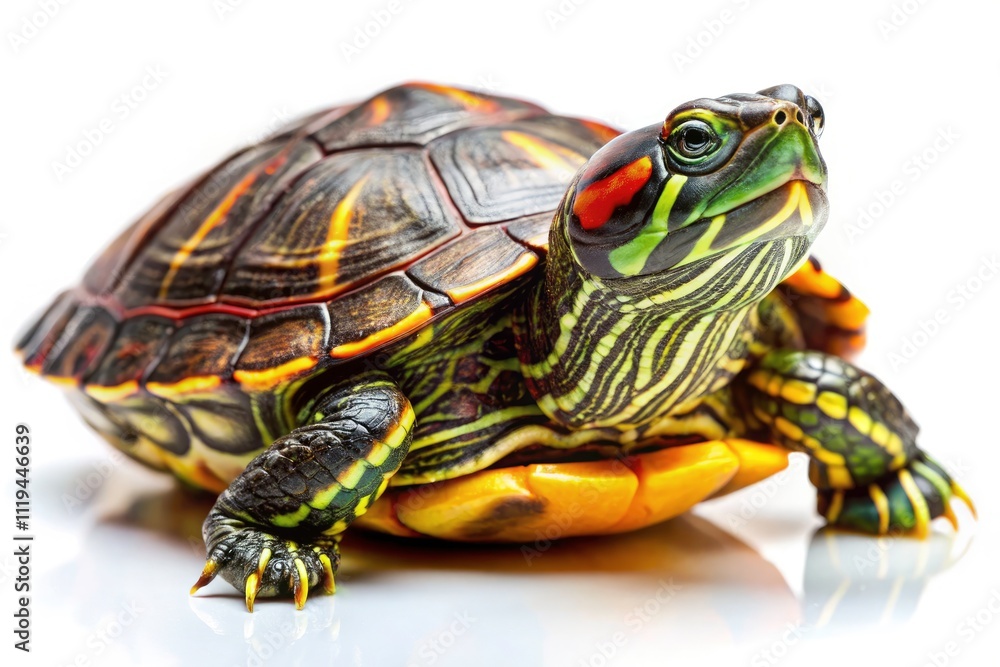 Obraz premium High-Resolution Photo: Turtle on White Background, Detailed Shell, Shallow Depth of Field, Studio Shot, Wildlife Photography, Reptile Image, Nature Stock Photo, Clean Background