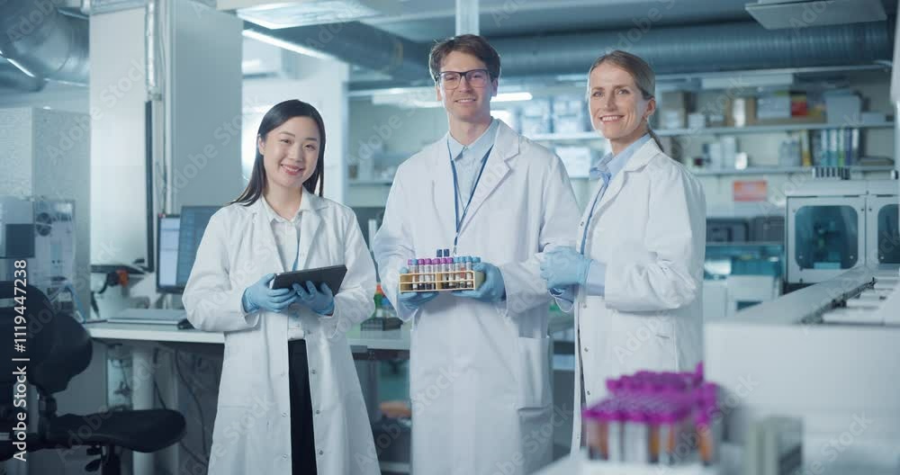 Portrait of a Diverse Research Team Standing in a Modern Laboratory in White Coats. Female and Male Scientists Discuss Findings, Hold Test Samples and Use Tablet. Group Looking at Camera and Smiling Portrait of a Diverse Research Team Standing in a Modern Laboratory in White Coats. Female and Male Scientists Discuss Findings, Hold Test Samples and Use Tablet. Group Looking at Camera and Smiling