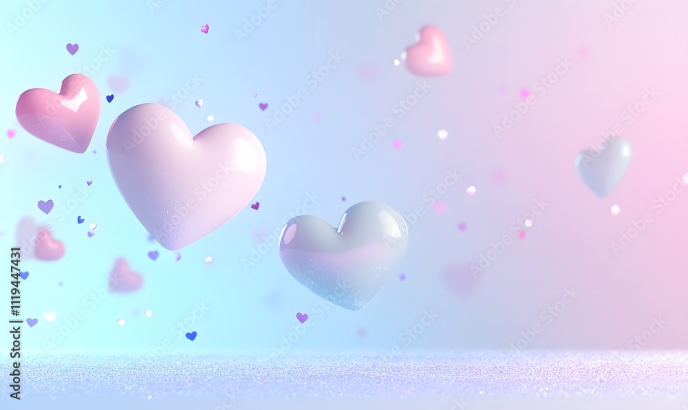 Soft pastel gradient background with 3D hearts and scattered glitter for romantic text placement. Generative AI Soft pastel gradient background with 3D hearts and scattered glitter for romantic text placement. Generative AI
