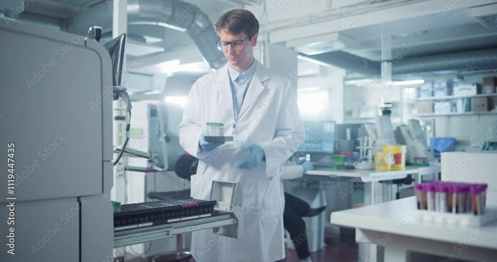 Scientist in White Lab Coat Operates Advanced Testing Equipment in Modern Laboratory. Handling Samples and Analyzing Data on a Computer. Researcher Working with Colleagues in a High-tech Environment Scientist in White Lab Coat Operates Advanced Testing Equipment in Modern Laboratory. Handling Samples and Analyzing Data on a Computer. Researcher Working with Colleagues in a High-tech Environment