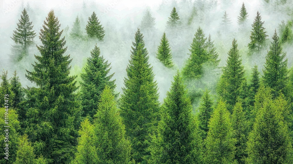 Misty evergreen forest landscape. Misty evergreen forest landscape.