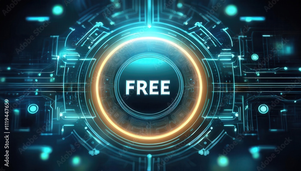 Futuristic digital button with the word 'FREE' surrounded by lights. Futuristic digital button with the word 'FREE' surrounded by lights.