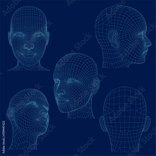 Set of 3D Female Polygon Wireframe Head. Vector illustration.