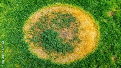 Landscape Photography of Lawn with Green and Yellow Grass Texture, Brown Patch from Rhizoctonia Solani Fungus, Dead Dry Grass in Circular Pattern, Nature Background, Healthy and Diseased Grass photo