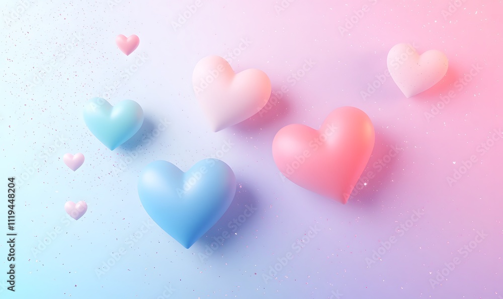 Soft pastel gradient background with 3D hearts and scattered glitter for romantic text placement. Generative AI Soft pastel gradient background with 3D hearts and scattered glitter for romantic text placement. Generative AI