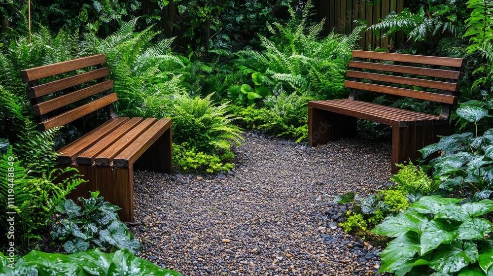 A calming patio garden featuring minimalist wooden benches, vibrant ferns, and organic gravel pathways winding through the space A calming patio garden featuring minimalist wooden benches, vibrant ferns, and organic gravel pathways winding through the space
