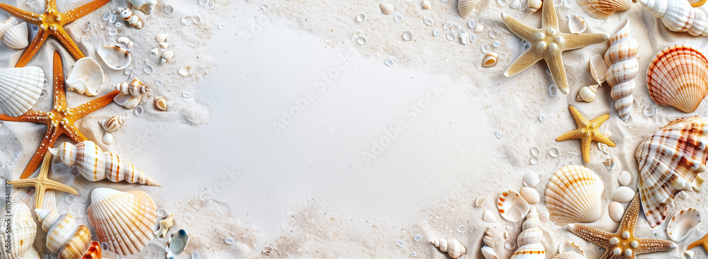 Fototapeta premium A banner with sand, starfish, and shells on background with scattered white seashells. Perfect for summer travel and beach themed designs.